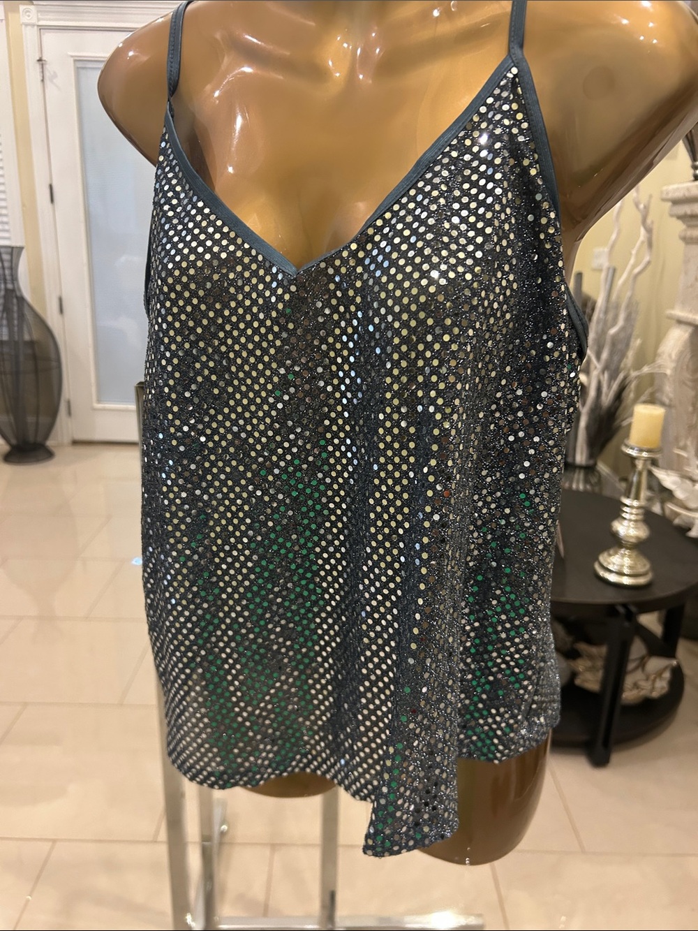 Silver Sequin V-Neck Cami Top - Women's